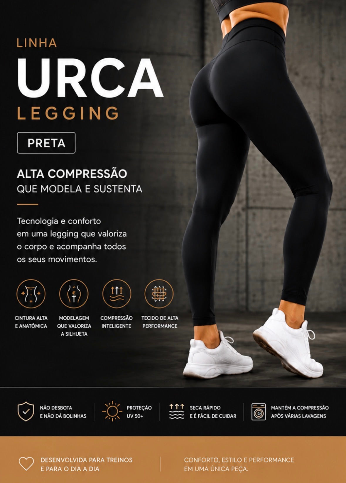 Legging Urca Preta Sunsian - Cintura Alta e Alta Compressão